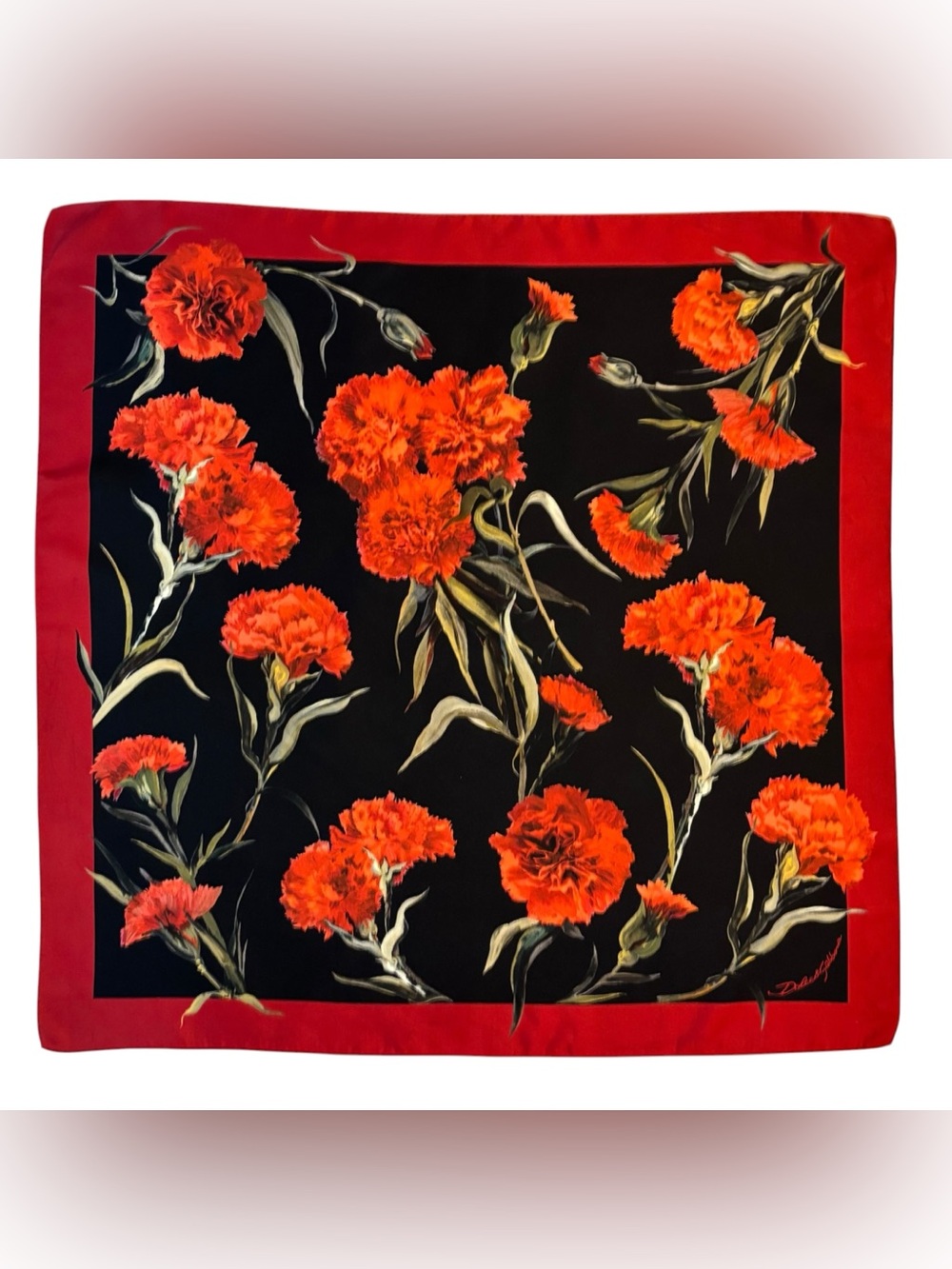 Dolce & Gabbana Red Carnation Fondo Nero Silk Scarf Made in Italy